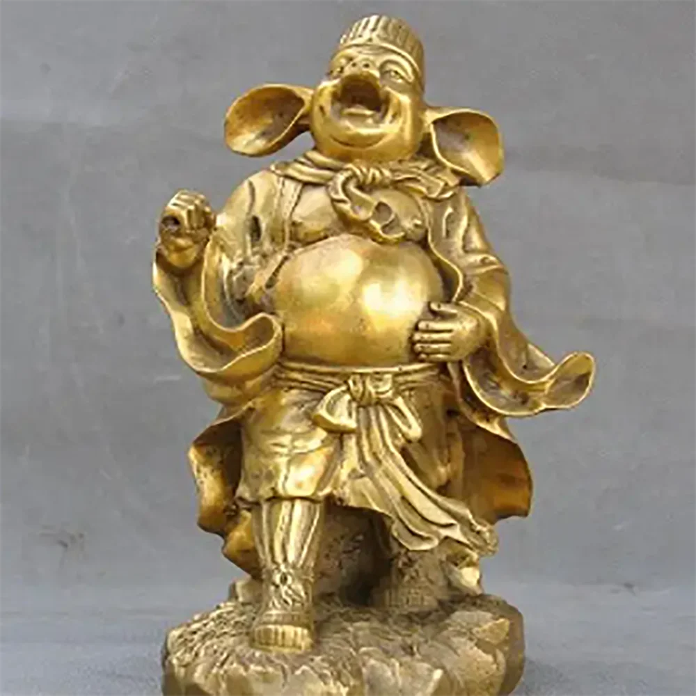 10"Old Chinese Bronze Pig God Zhu Bajie Wuneng of Famous Xi Youji prong Statue