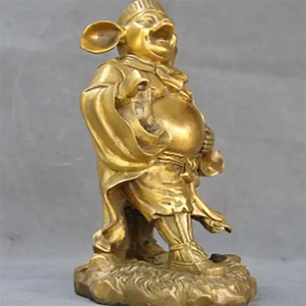 10"Old Chinese Bronze Pig God Zhu Bajie Wuneng of Famous Xi Youji prong Statue