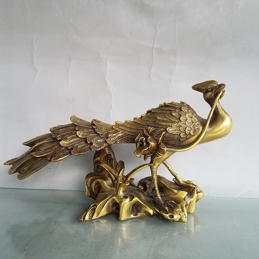 10"Tibet Temple Collection Old Brass Phoenix Statue In its beak Lotus flower Divine beast Amass wealth Ornaments Town house