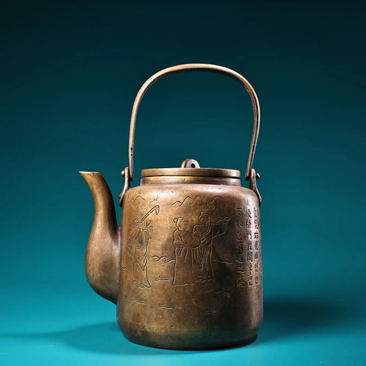 10"Tibet Temple Collection Old Bronze Cinnabar Mosaic Gem Cowherd and the Weaving Maid Pot Kettle Teapot Amass wealth Ornaments