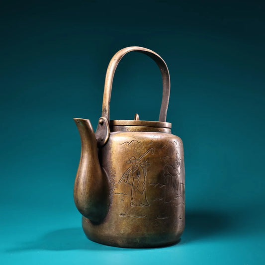 10"Tibet Temple Collection Old Bronze Cinnabar Mosaic Gem Cowherd and the Weaving Maid Pot Kettle Teapot Amass wealth Ornaments