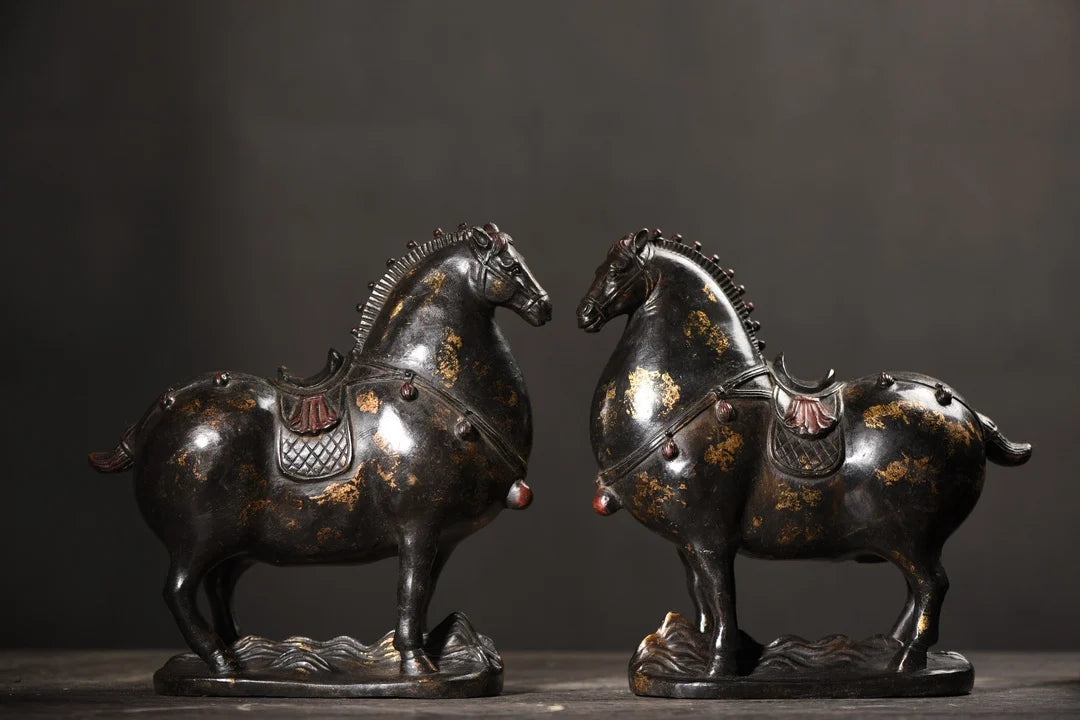 10"Tibet Temple Collection Old Bronze Cinnabar Mud gold Horse Tang Ma fine Horse A pair Amass wealth Ornaments Town house