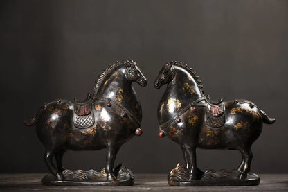 10"Tibet Temple Collection Old Bronze Cinnabar Mud gold Horse Tang Ma fine Horse A pair Amass wealth Ornaments Town house
