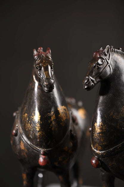 10"Tibet Temple Collection Old Bronze Cinnabar Mud gold Horse Tang Ma fine Horse A pair Amass wealth Ornaments Town house