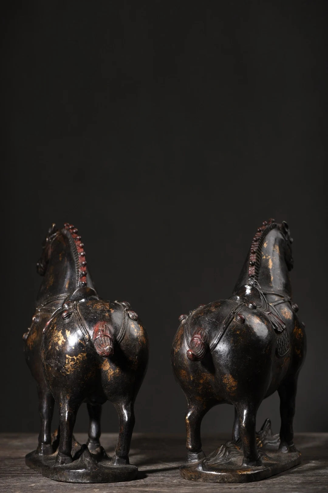 10"Tibet Temple Collection Old Bronze Cinnabar Mud gold Horse Tang Ma fine Horse A pair Amass wealth Ornaments Town house