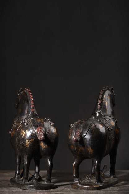 10"Tibet Temple Collection Old Bronze Cinnabar Mud gold Horse Tang Ma fine Horse A pair Amass wealth Ornaments Town house