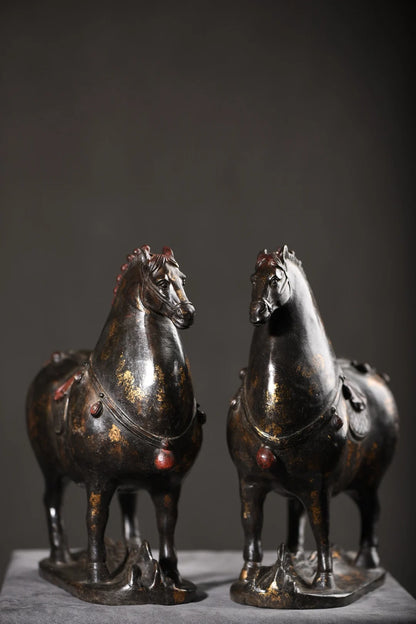 10"Tibet Temple Collection Old Bronze Cinnabar Mud gold Horse Tang Ma fine Horse A pair Amass wealth Ornaments Town house
