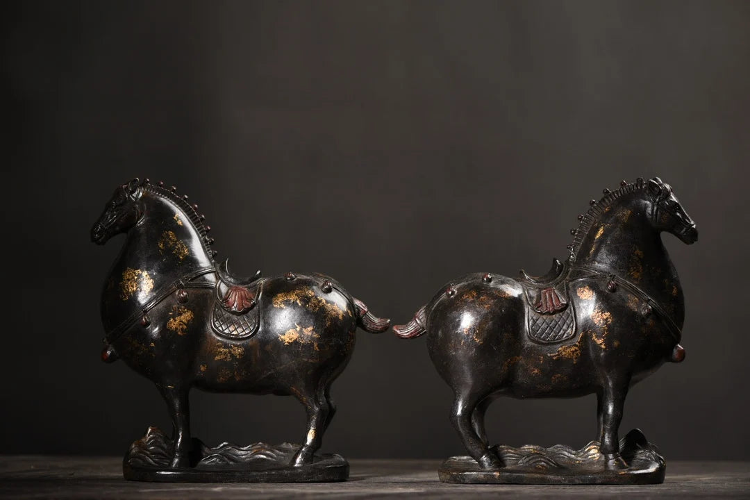 10"Tibet Temple Collection Old Bronze Cinnabar Mud gold Horse Tang Ma fine Horse A pair Amass wealth Ornaments Town house