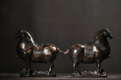 10"Tibet Temple Collection Old Bronze Cinnabar Mud gold Horse Tang Ma fine Horse A pair Amass wealth Ornaments Town house