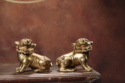10"Tibet Temple Collection Old Bronze Cinnabar Mud gold Lion Statue A Pair Copywriting Amass wealth Ornaments Town house