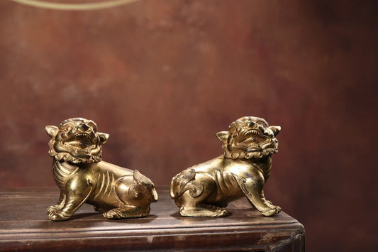 10"Tibet Temple Collection Old Bronze Cinnabar Mud gold Lion Statue A Pair Copywriting Amass wealth Ornaments Town house