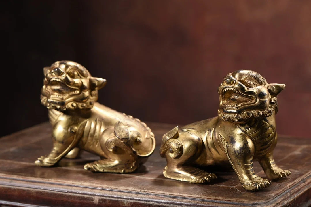 10"Tibet Temple Collection Old Bronze Cinnabar Mud gold Lion Statue A Pair Copywriting Amass wealth Ornaments Town house