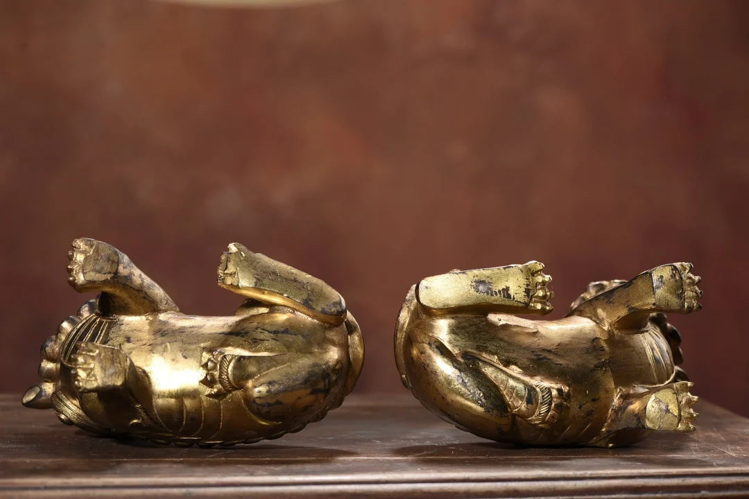 10"Tibet Temple Collection Old Bronze Cinnabar Mud gold Lion Statue A Pair Copywriting Amass wealth Ornaments Town house