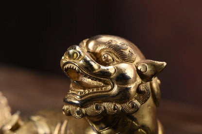 10"Tibet Temple Collection Old Bronze Cinnabar Mud gold Lion Statue A Pair Copywriting Amass wealth Ornaments Town house
