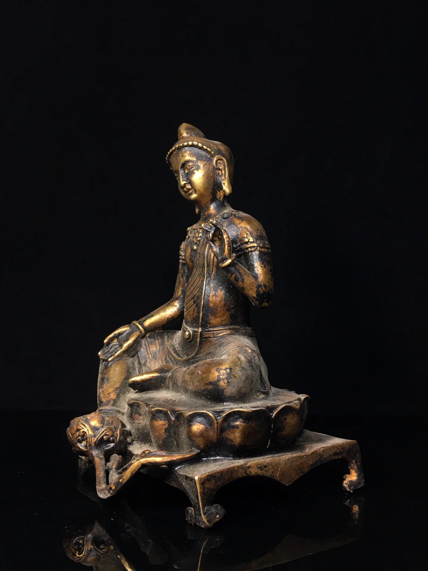 10"Tibet Temple Collection Old Bronze Cinnabar Mud gold Northern Wei Buddha Bench Buddha Shakyamuni Worship Hall Town house