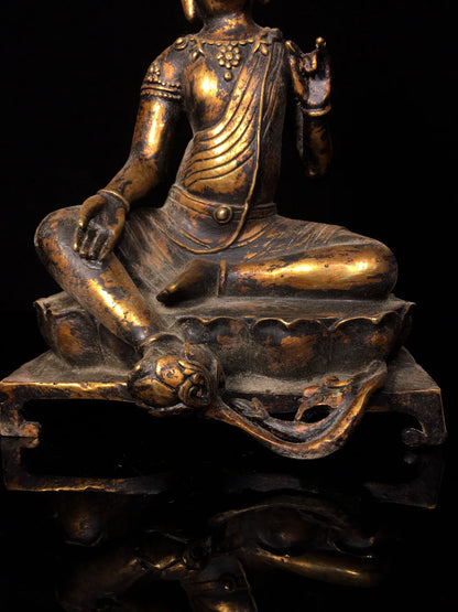 10"Tibet Temple Collection Old Bronze Cinnabar Mud gold Northern Wei Buddha Bench Buddha Shakyamuni Worship Hall Town house
