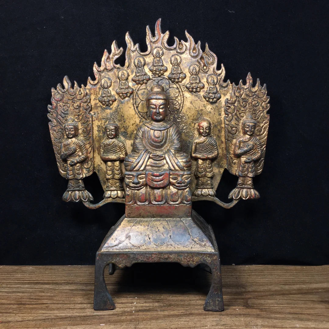 10"Tibet Temple Collection Old Bronze Cinnabar Mud gold Northern Wei Buddha Shakyamuni Five Buddhas Worship Hall Town house