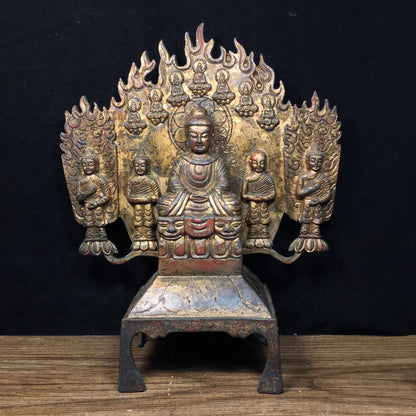 10"Tibet Temple Collection Old Bronze Cinnabar Mud gold Northern Wei Buddha Shakyamuni Five Buddhas Worship Hall Town house