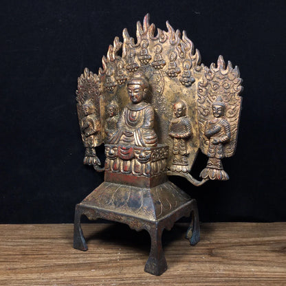 10"Tibet Temple Collection Old Bronze Cinnabar Mud gold Northern Wei Buddha Shakyamuni Five Buddhas Worship Hall Town house