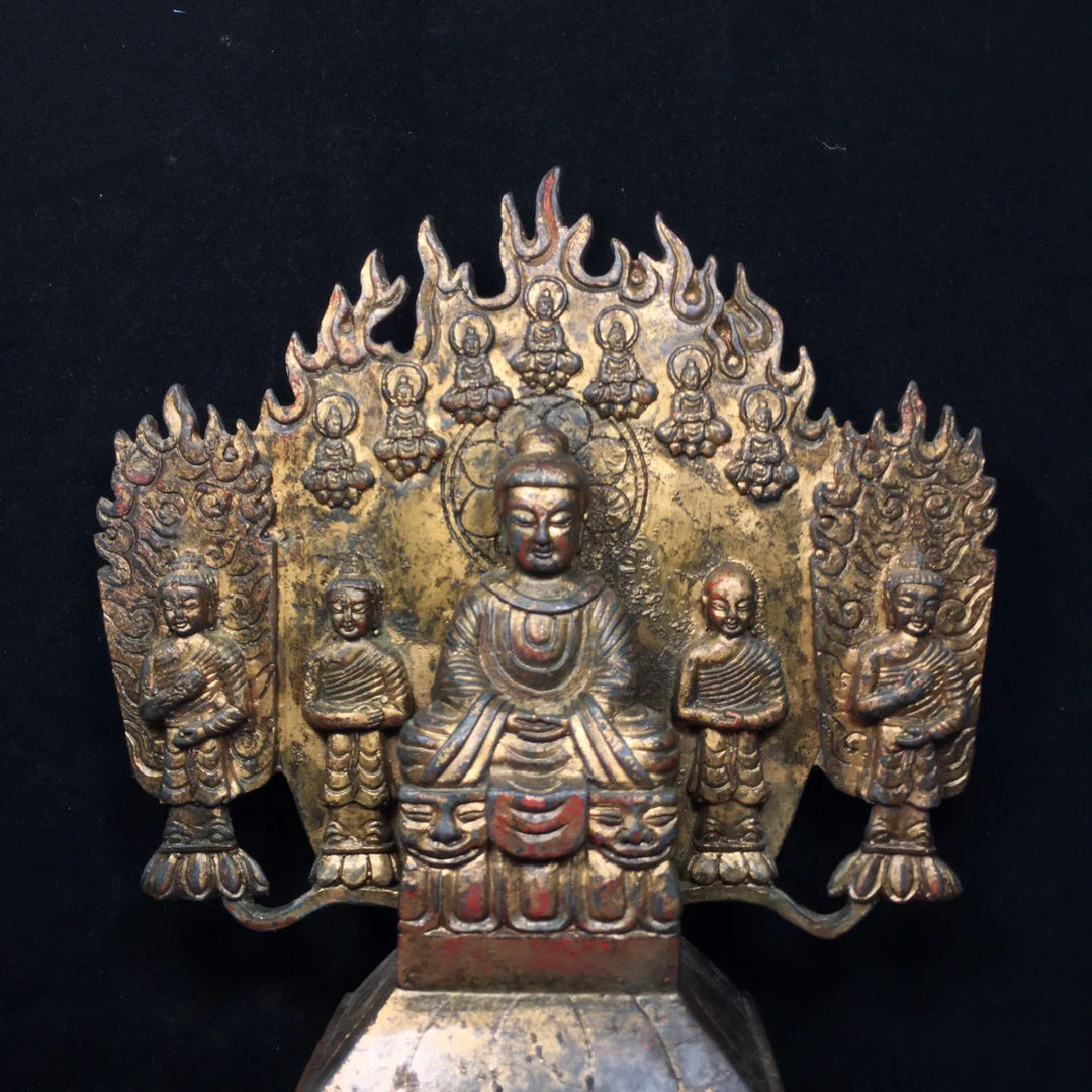 10"Tibet Temple Collection Old Bronze Cinnabar Mud gold Northern Wei Buddha Shakyamuni Five Buddhas Worship Hall Town house
