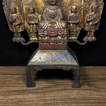 10"Tibet Temple Collection Old Bronze Cinnabar Mud gold Northern Wei Buddha Shakyamuni Five Buddhas Worship Hall Town house