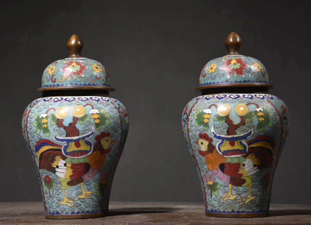 10"Tibet Temple Collection Old Bronze Cloisonne Enamel Cock Flower Texture General jar storage tank A pair Ornaments Town house