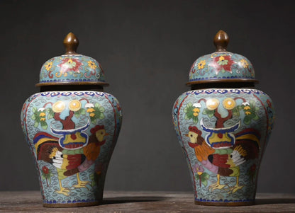 10"Tibet Temple Collection Old Bronze Cloisonne Enamel Cock Flower Texture General jar storage tank A pair Ornaments Town house