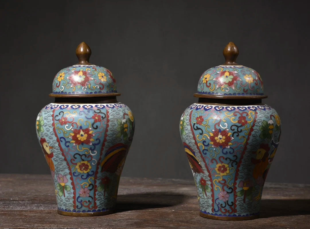 10"Tibet Temple Collection Old Bronze Cloisonne Enamel Cock Flower Texture General jar storage tank A pair Ornaments Town house