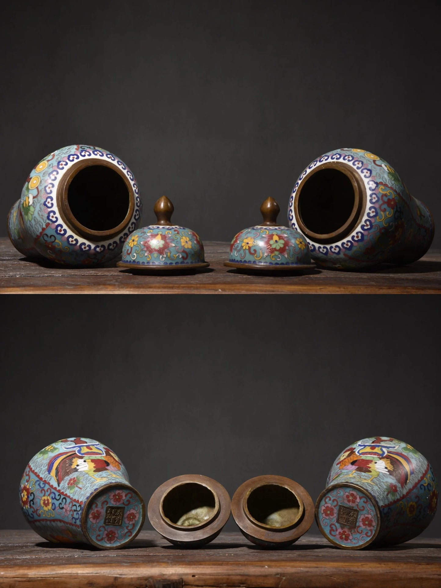 10"Tibet Temple Collection Old Bronze Cloisonne Enamel Cock Flower Texture General jar storage tank A pair Ornaments Town house