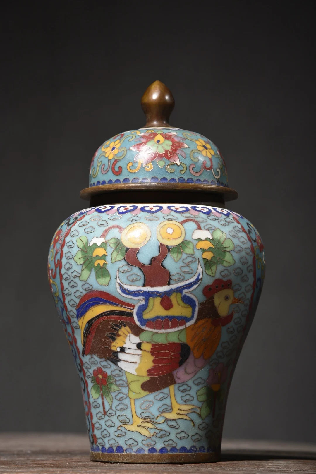 10"Tibet Temple Collection Old Bronze Cloisonne Enamel Cock Flower Texture General jar storage tank A pair Ornaments Town house