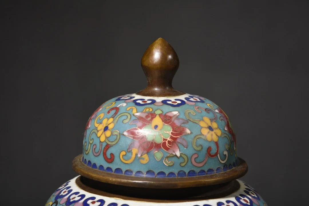10"Tibet Temple Collection Old Bronze Cloisonne Enamel Cock Flower Texture General jar storage tank A pair Ornaments Town house