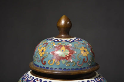 10"Tibet Temple Collection Old Bronze Cloisonne Enamel Cock Flower Texture General jar storage tank A pair Ornaments Town house