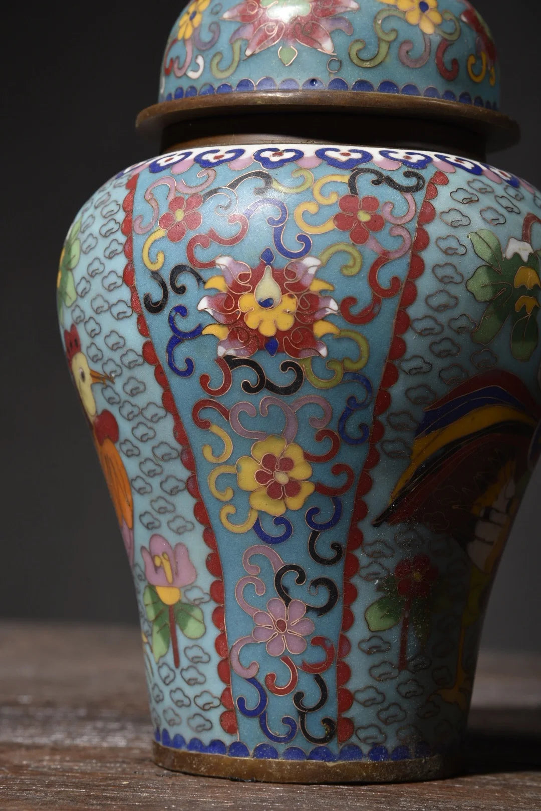 10"Tibet Temple Collection Old Bronze Cloisonne Enamel Cock Flower Texture General jar storage tank A pair Ornaments Town house