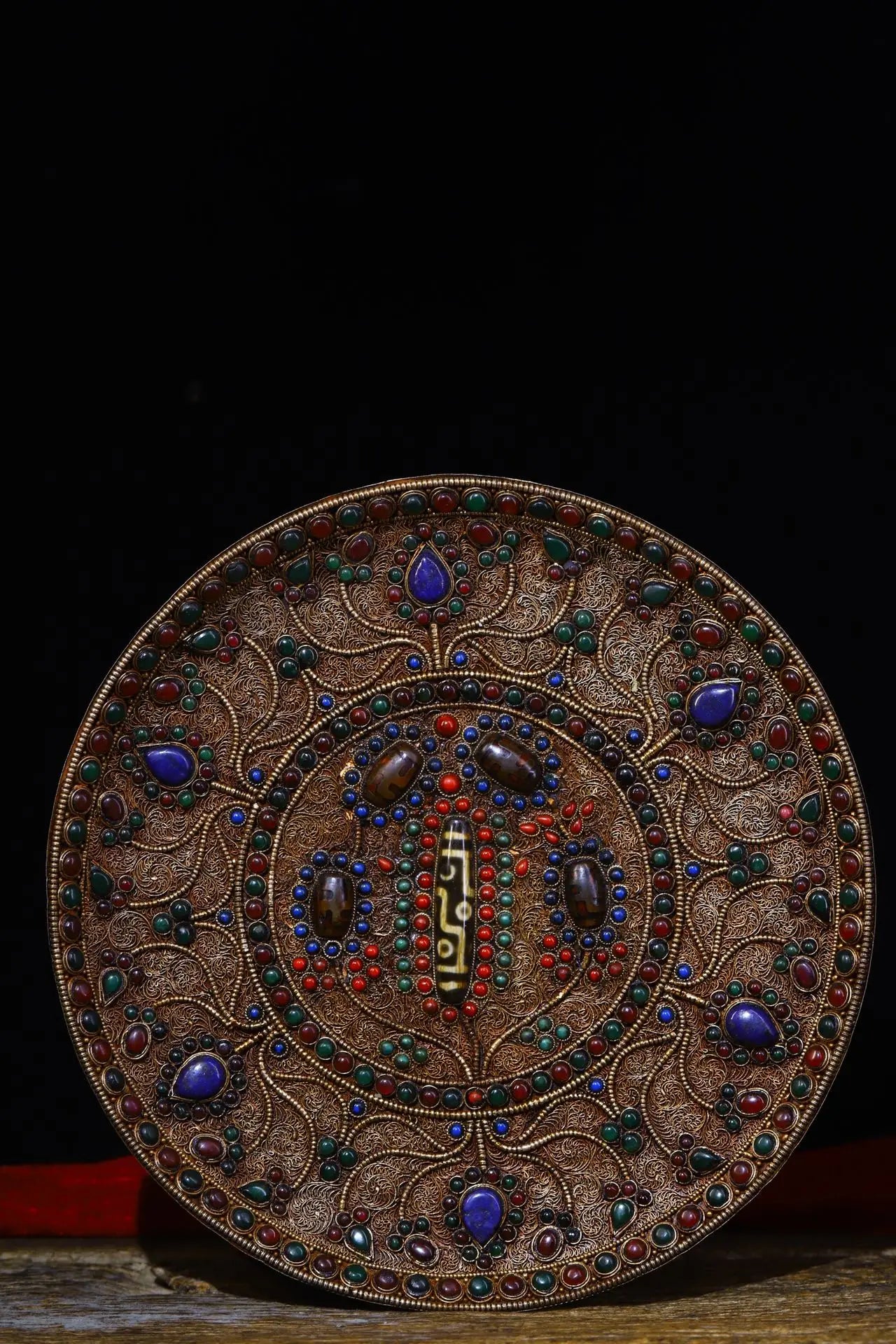 10"Tibet Temple Collection Old Bronze Filigree mosaic Gem Dzi Bead Thangka Amulet Hang on the wall Town House Exorcism