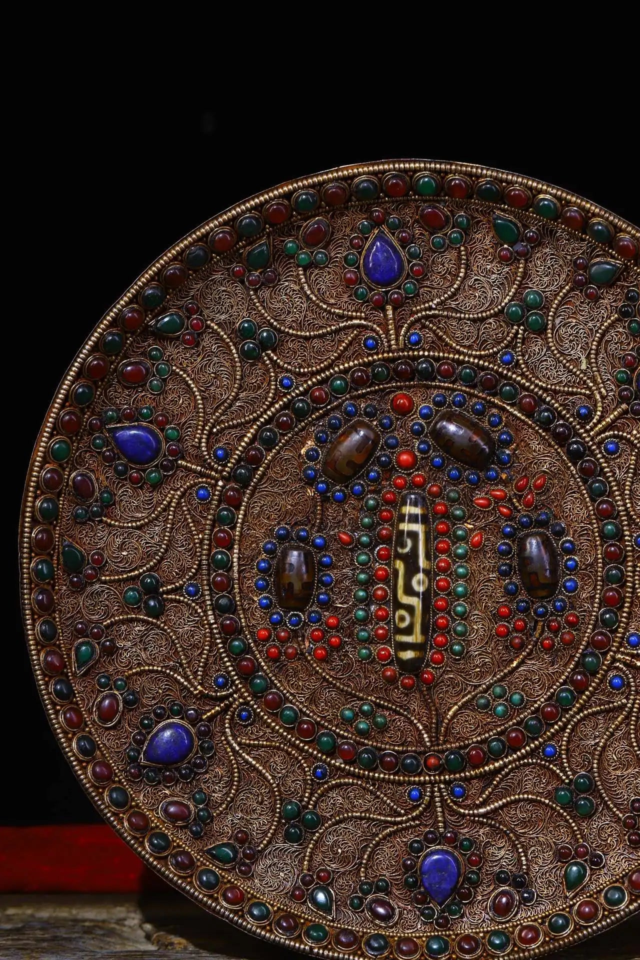 10"Tibet Temple Collection Old Bronze Filigree mosaic Gem Dzi Bead Thangka Amulet Hang on the wall Town House Exorcism