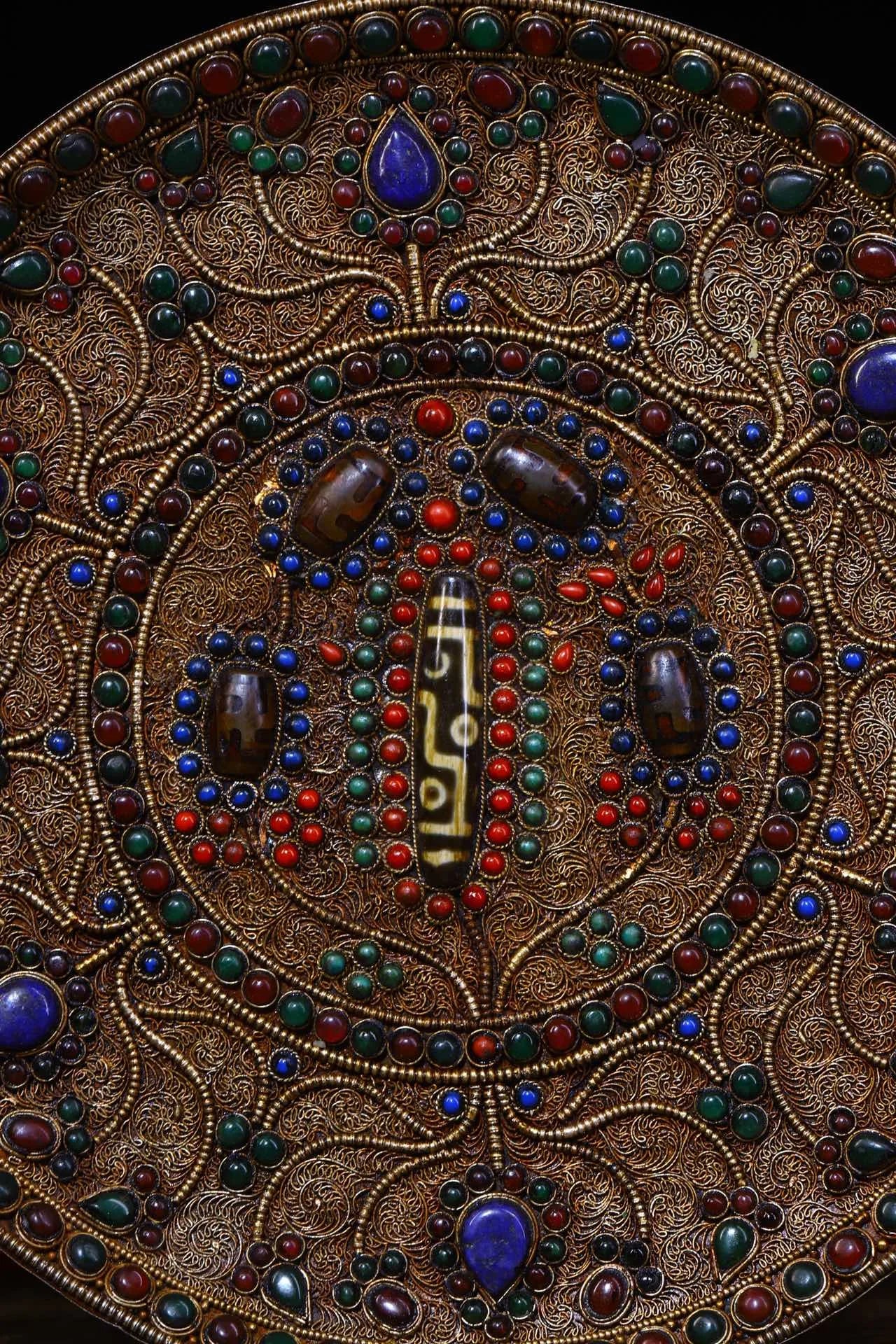10"Tibet Temple Collection Old Bronze Filigree mosaic Gem Dzi Bead Thangka Amulet Hang on the wall Town House Exorcism