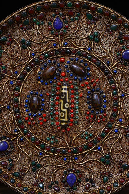 10"Tibet Temple Collection Old Bronze Filigree mosaic Gem Dzi Bead Thangka Amulet Hang on the wall Town House Exorcism