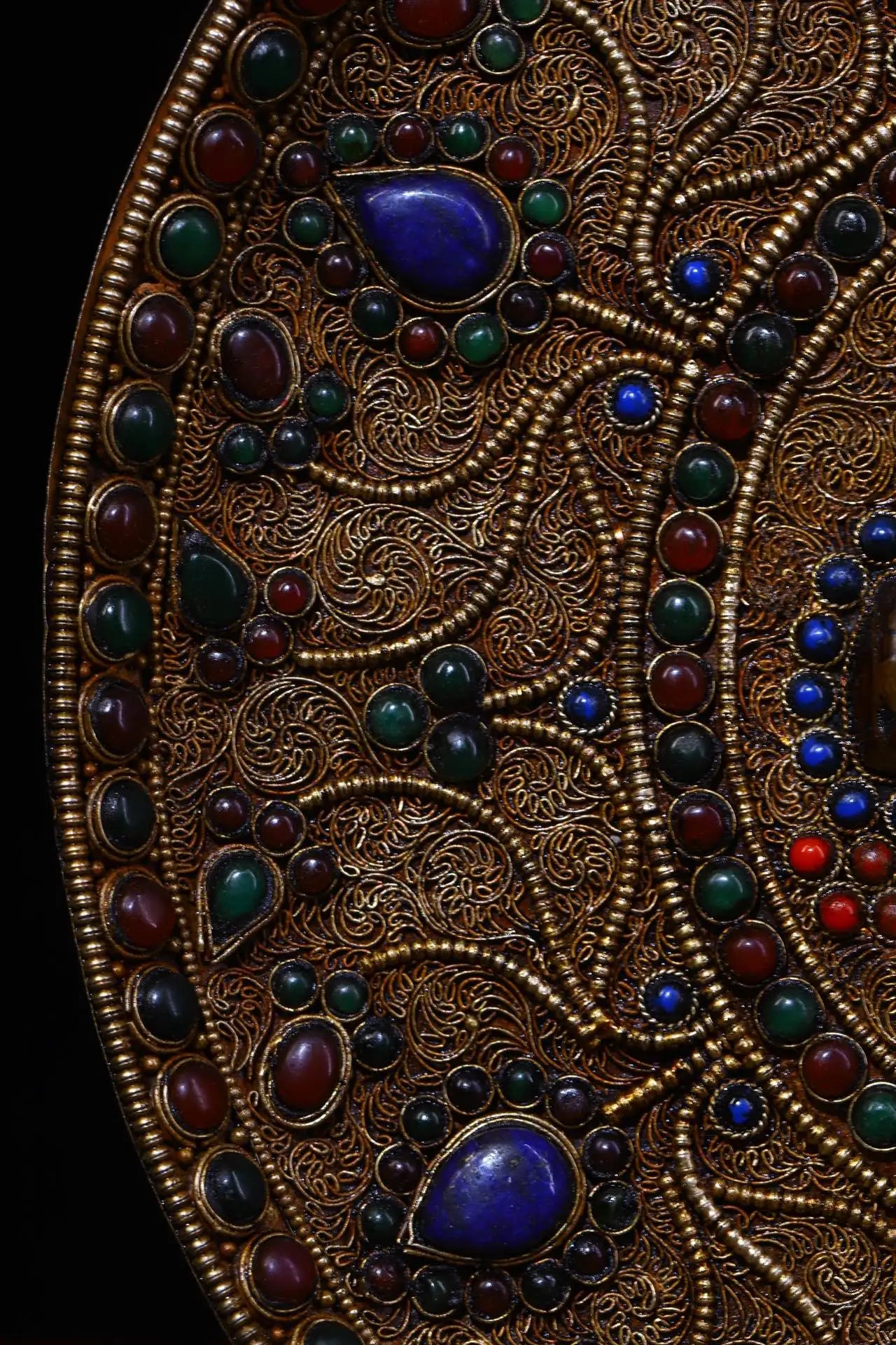 10"Tibet Temple Collection Old Bronze Filigree mosaic Gem Dzi Bead Thangka Amulet Hang on the wall Town House Exorcism