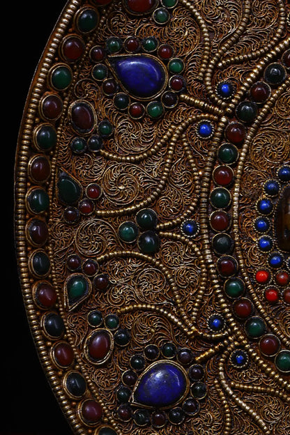10"Tibet Temple Collection Old Bronze Filigree mosaic Gem Dzi Bead Thangka Amulet Hang on the wall Town House Exorcism