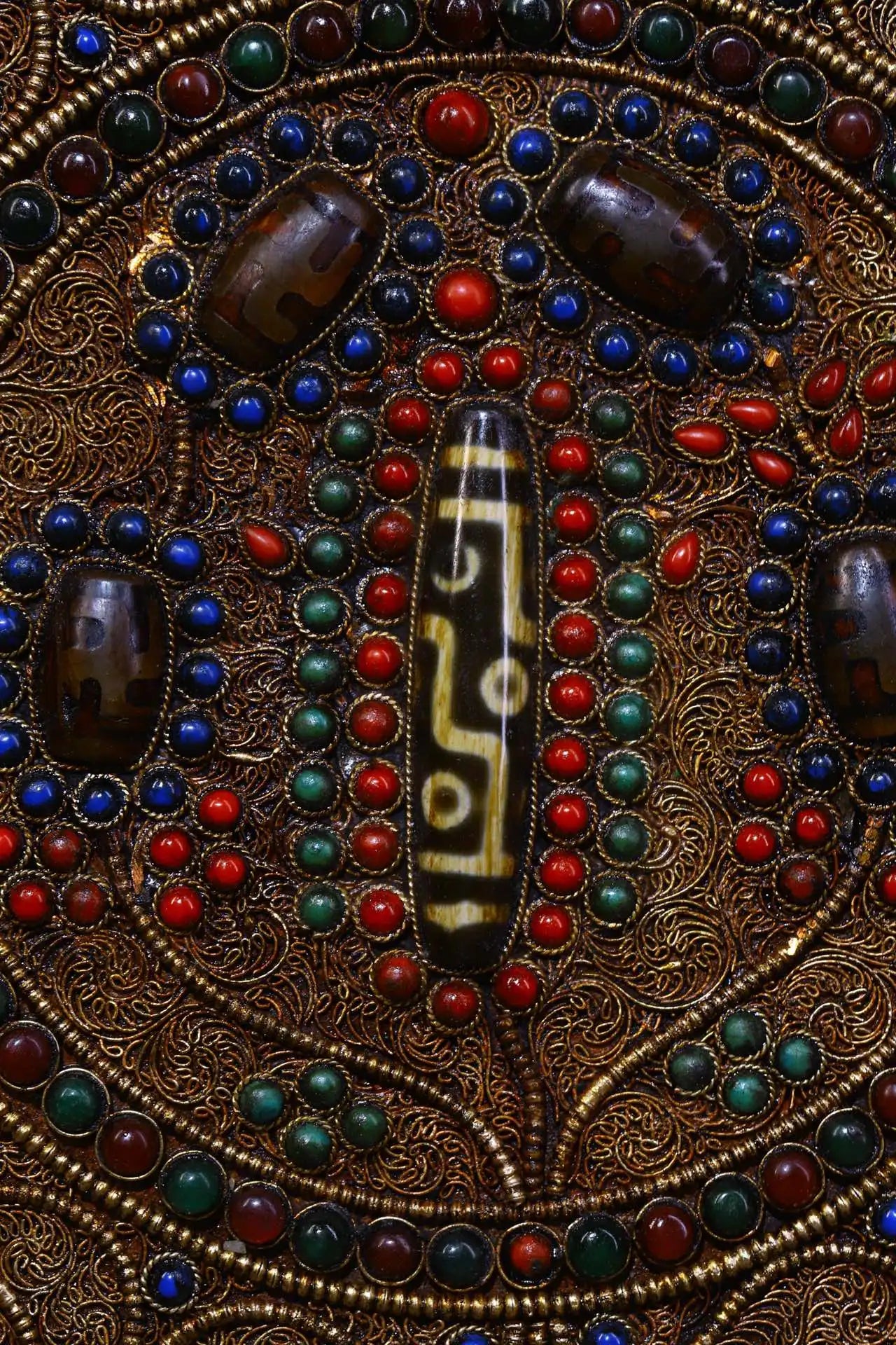 10"Tibet Temple Collection Old Bronze Filigree mosaic Gem Dzi Bead Thangka Amulet Hang on the wall Town House Exorcism