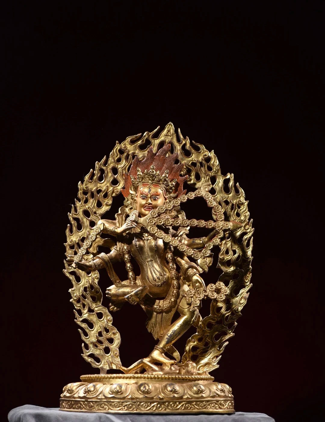10"Tibet Temple Collection Old Bronze Gilding Cinnabar Painted Kurukulle Buddha Backlight Lotus Stage Worship Hall Town house