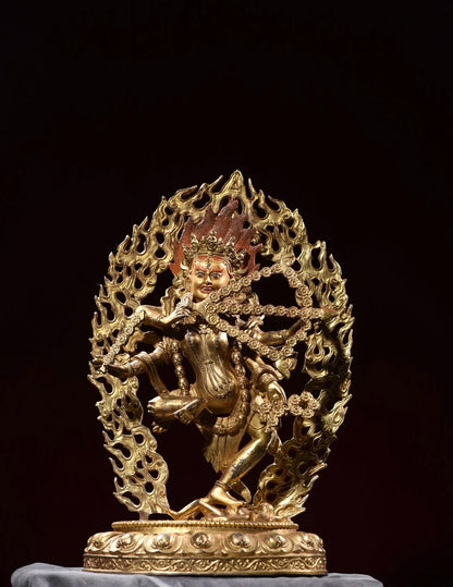 10"Tibet Temple Collection Old Bronze Gilding Cinnabar Painted Kurukulle Buddha Backlight Lotus Stage Worship Hall Town house