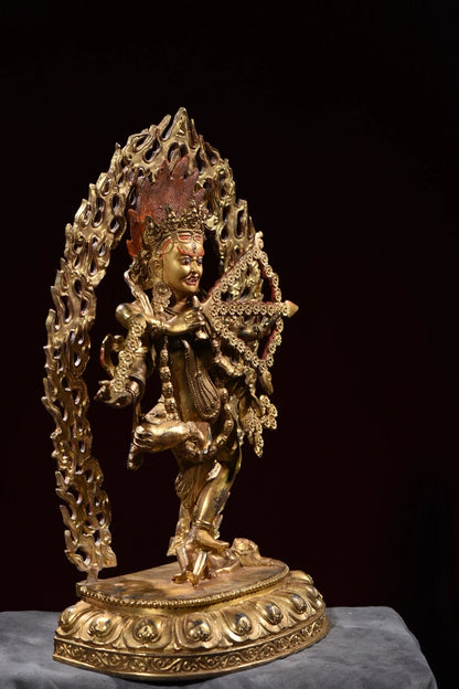10"Tibet Temple Collection Old Bronze Gilding Cinnabar Painted Kurukulle Buddha Backlight Lotus Stage Worship Hall Town house