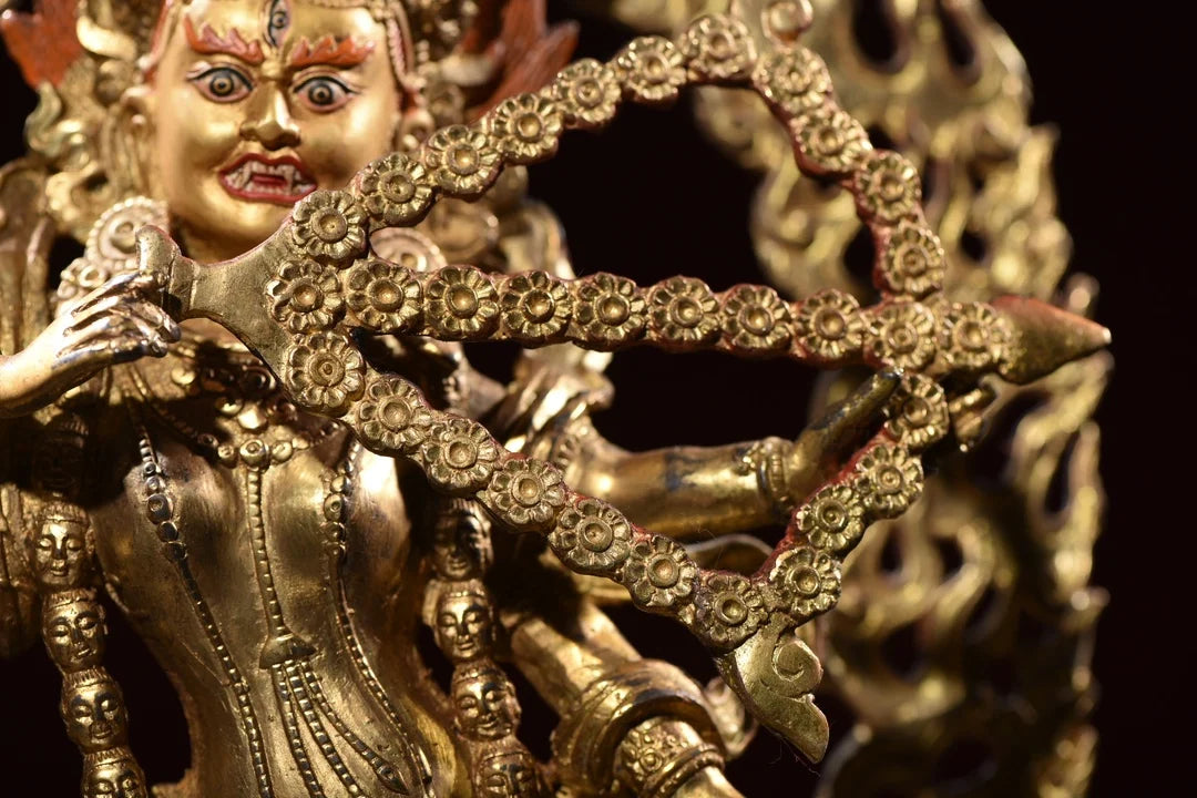 10"Tibet Temple Collection Old Bronze Gilding Cinnabar Painted Kurukulle Buddha Backlight Lotus Stage Worship Hall Town house