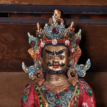 10"Tibet Temple Collection Old Bronze Outline in gold Painted Mosaic Gem Turquoise Yellow Jambhala Buddha Worship Hall