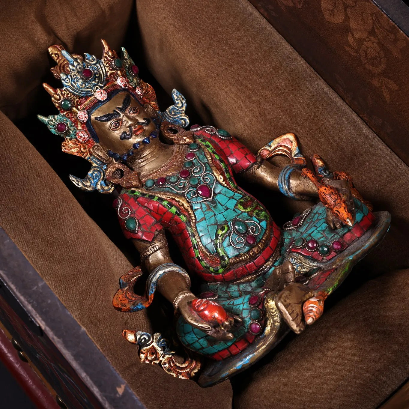 10"Tibet Temple Collection Old Bronze Outline in gold Painted Mosaic Gem Turquoise Yellow Jambhala Buddha Worship Hall