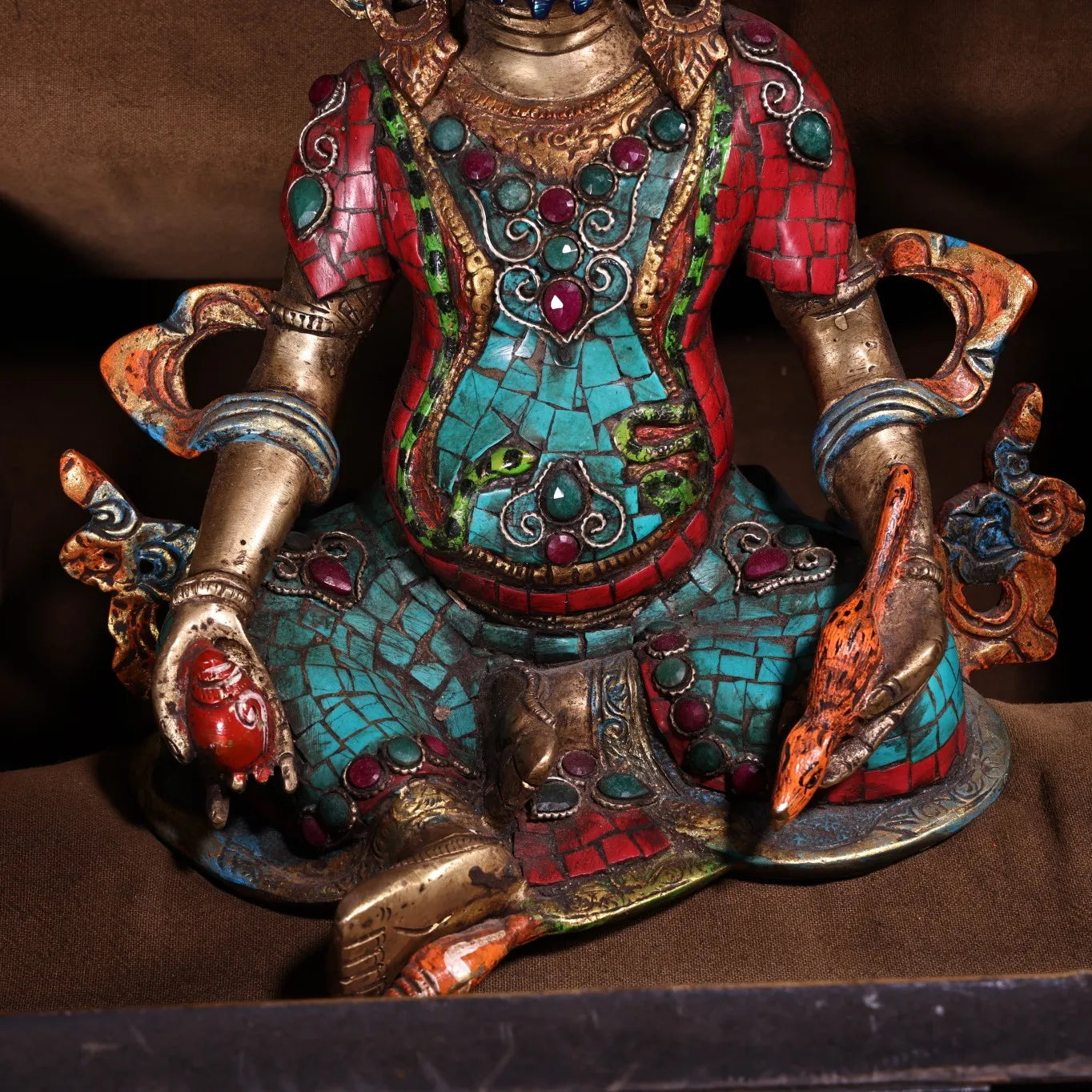 10"Tibet Temple Collection Old Bronze Outline in gold Painted Mosaic Gem Turquoise Yellow Jambhala Buddha Worship Hall