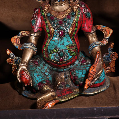 10"Tibet Temple Collection Old Bronze Outline in gold Painted Mosaic Gem Turquoise Yellow Jambhala Buddha Worship Hall