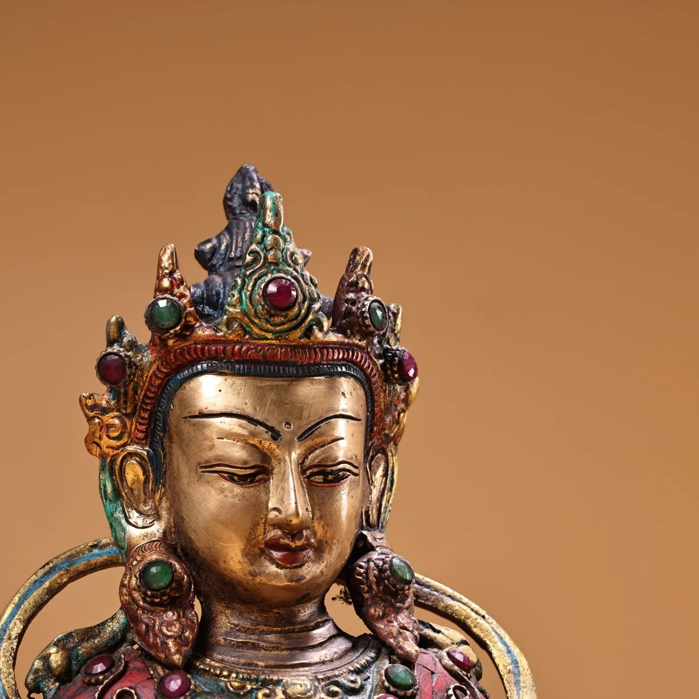 10"Tibet Temple Collection Old Bronze Painted Outline in gold Mosaic Gem Turquoise Shakyamuni Enlightenment Buddha Worship Hall