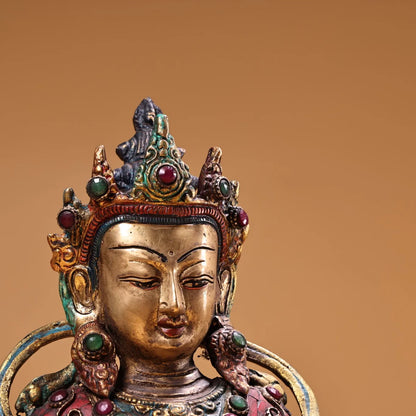 10"Tibet Temple Collection Old Bronze Painted Outline in gold Mosaic Gem Turquoise Shakyamuni Enlightenment Buddha Worship Hall